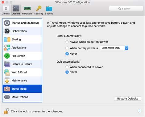 Parallels Desktop Preferences and Virtual Machine Settings Travel Mode Settings Work with your virtual machine in Travel Mode to extend the battery life of your Mac.