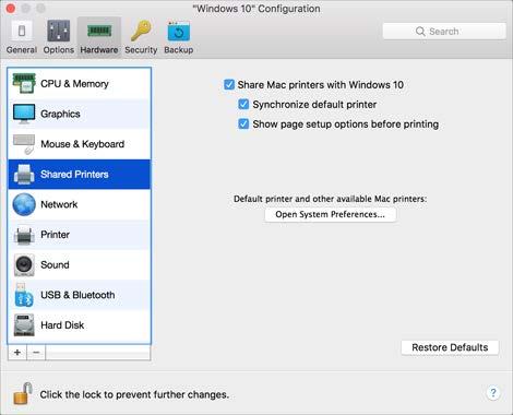 Parallels Desktop Preferences and Virtual Machine Settings To open these settings, choose Actions > Configure > Hardware, then click Shared Printers.