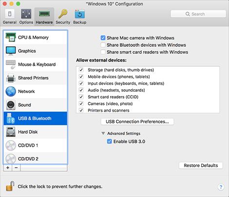 Parallels Desktop Preferences and Virtual Machine Settings USB & Bluetooth Settings In the USB & Bluetooth pane, you can view and configure the USB- and Bluetooth-related settings.