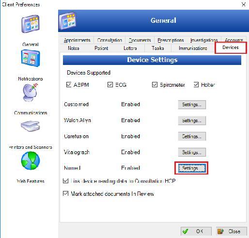 Select Devices tab in General and select the Settings button for Numed.
