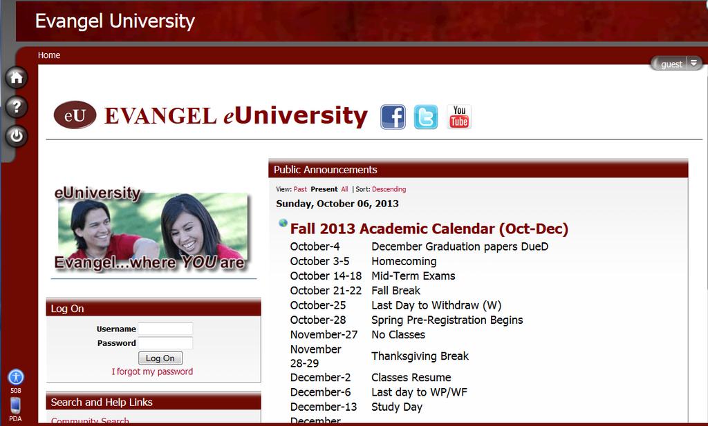 ANGEL Username and Password: Your ANGEL username and password are the same username and password required to login to the computers, access the student portal, or access student email on Evangel s