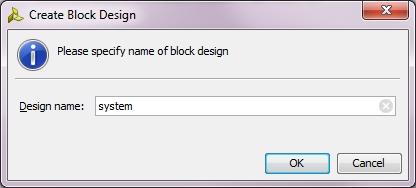 3. After clicking OK, you will be presented a blank block diagram view in the Vivado graphical user interface. In the diagram we will add the hardware blocks needed for the system. 4.