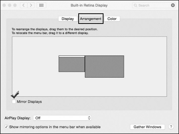 3.5 Configuring a display with Mac OS Video Settings 1) Open the Apple Menu 2) Select System Preferences 3) Click the Displays icon 4) Click the Arrangement tab 5) Choose to