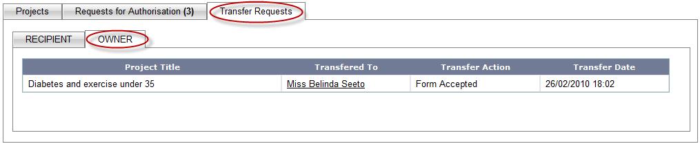 The Transfer Requests tab displays transfer form requests requiring action by the user (i.e. a form has been transferred to them and they will need to either accept or reject the transfer).