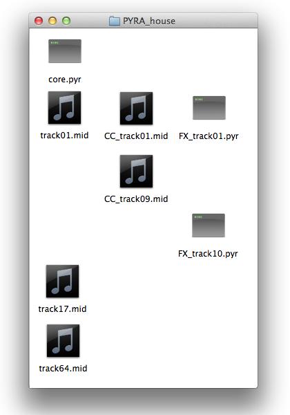 The core.pyr file contains the project settings, the sequences data, assignments and effects racks. The other files can be deleted: The track 01A contains MIDI notes (track01.