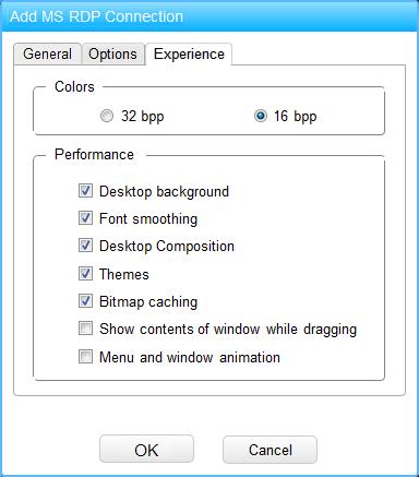 FIG.5-7c show the experience settings for Microsoft RDP connection and the default selections.