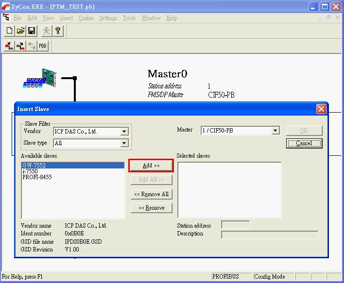 Figure 32 insert PROFIBUS slave device Step 3: Select GW-7552 and click Add button to