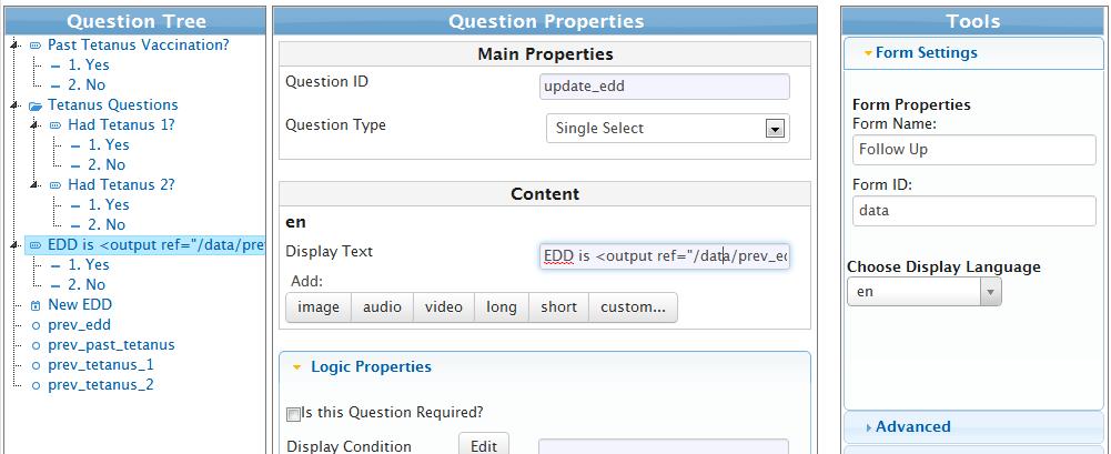", we want to display "Current EDD is 01/06/2013. Change the EDD?". To do this, we need to include the value of the prev_edd data node in the display text for the "Update EDD?" question.