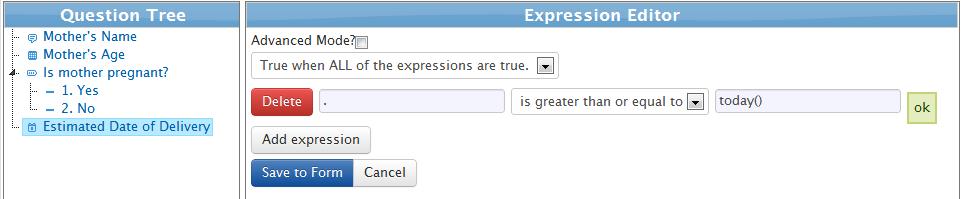 Use the expression builder to specify the following expression. To compare a value to today's date, use the today() function. Note that a "." specifies the value of the currently selected question.