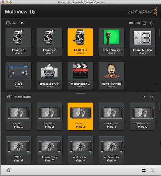 Your Blackmagic MultiView 16's SDI inputs appear as pushbuttons within the 'sources' panel, while the views appear as pushbuttons within the 'destinations' panel.