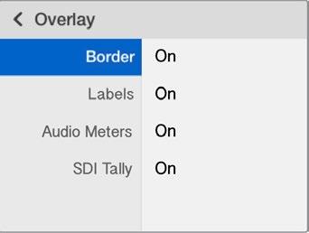 Overlay features are: Borders: Lets you separate each view in a grid like pattern. Labels: Makes 'view' labels visible or hidden. Labels can be changed using Blackmagic MultiView Setup.