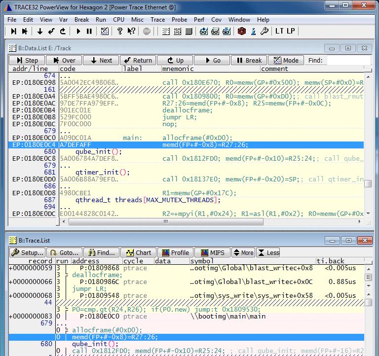 List window, the corresponding source code line is automatically highlighted with a blue cursor. Example: Trace.