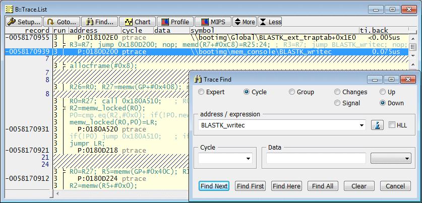 Searching in the Trace TRACE32 provides fast search algorithms to find a specific event in the trace