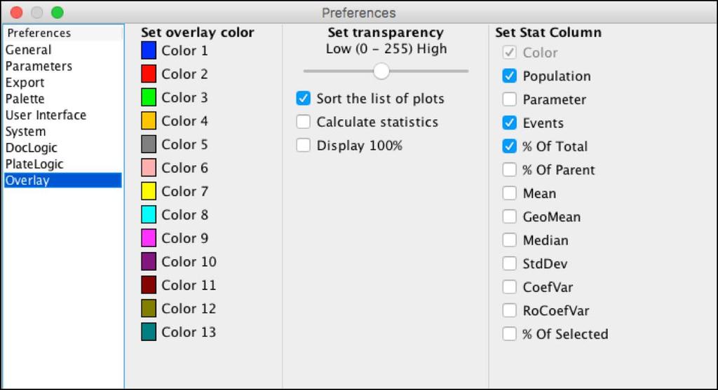Overlay Set overlay color the default colors for the first 13 samples to be added to dot plot or histogram overlays are displayed here in the Preferences.