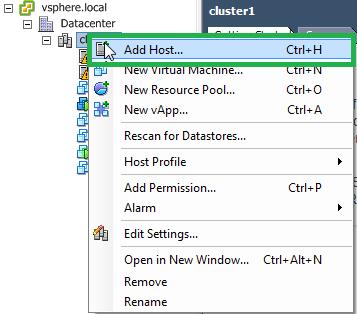 Step 4: Add hosts to the cluster In vsphere Web Client or vsphere Client, navigate to the cluster you just created, and select Add Host.