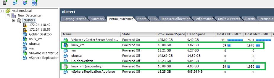 At this point, if you check the VMs for cluster1 (shown below), you will notice a second instance of the FT protected VM appeared in the list.