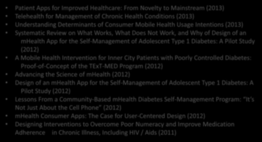 The Literature Patient Apps for Improved Healthcare: From Novelty to Mainstream (2013) Telehealth for Management of Chronic Health Conditions (2013) Understanding Determinants of Consumer Mobile