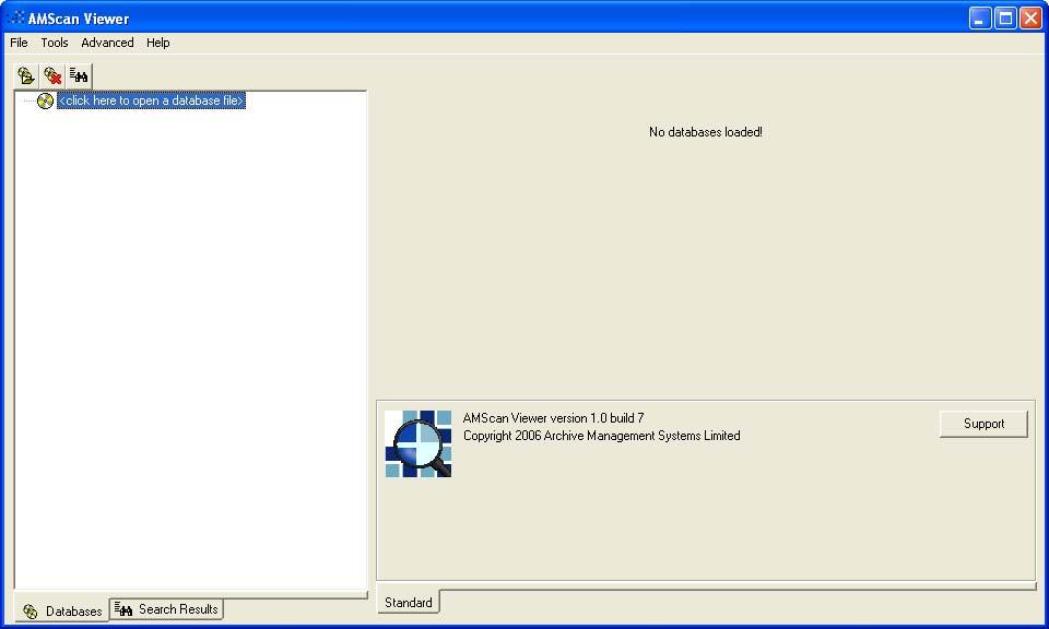 Getting Started The first time you run AMScan Viewer you will see the following screen: Click or to open a database file. This is a file called amsview.
