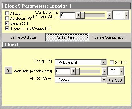 Bleach checkbox: When checked, bleach is executed in the given block, after autofocus (and possible wait) and before the data acquisition.