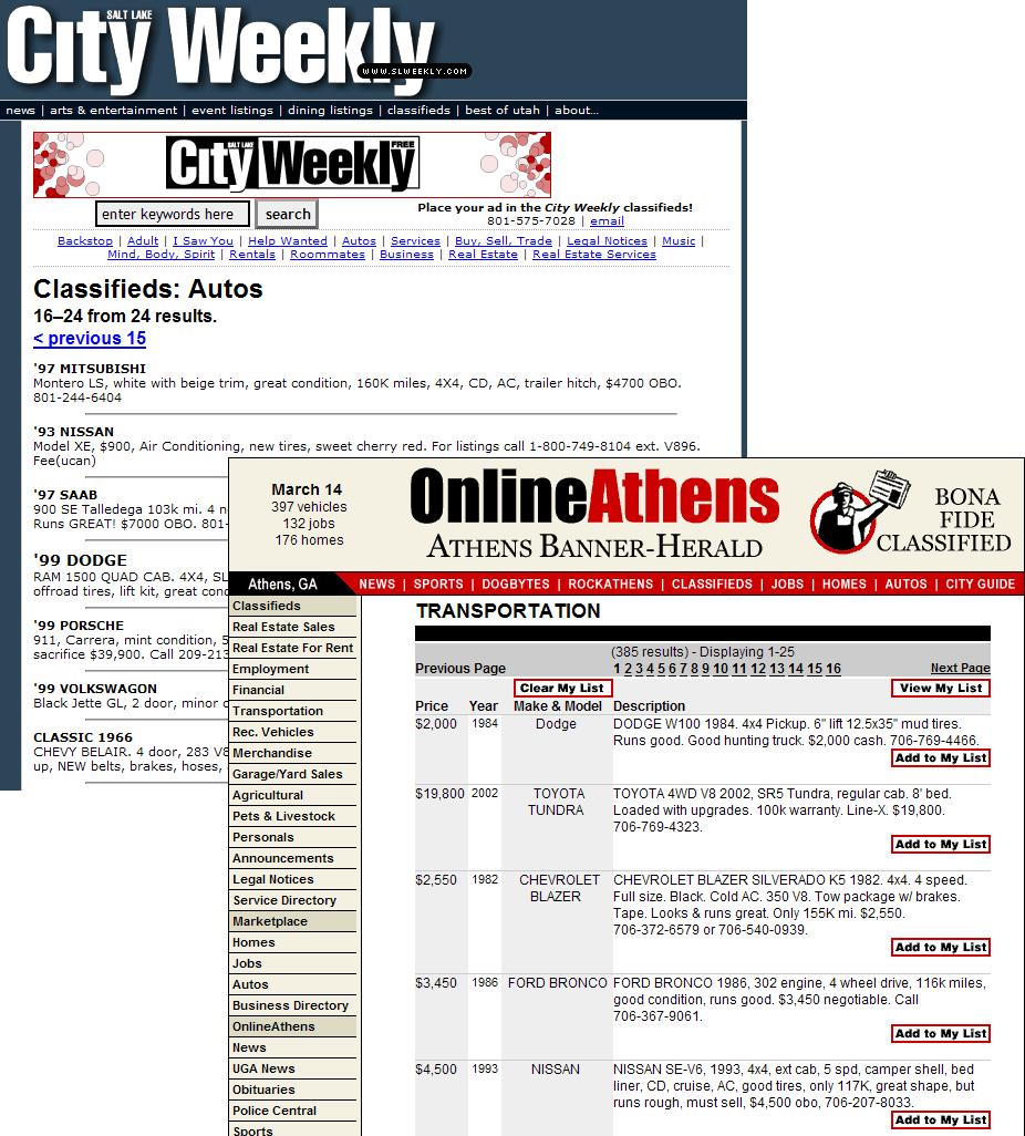 Lecture Notes in Computer Science 3 Fig. 1. Sample Car Ads from Salt Lake City Weekly and Athens Banner-Herald Sites.