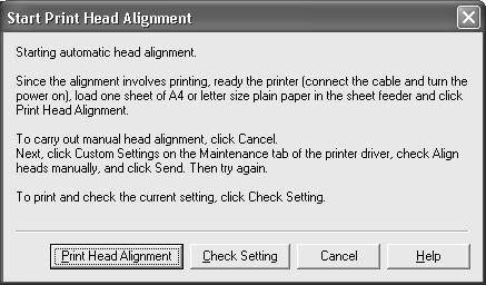 2 Read the message and click Print Head Alignment. It takes about six minutes to finish printing. Do not open the Top Cover while printing. Ensure the pattern shown on the left is printed.