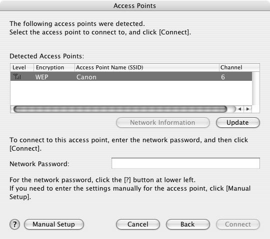 When an access point is detected automatically The access point is detected automatically if no operation is required for connecting to the access point. Setup proceeds to step 6.