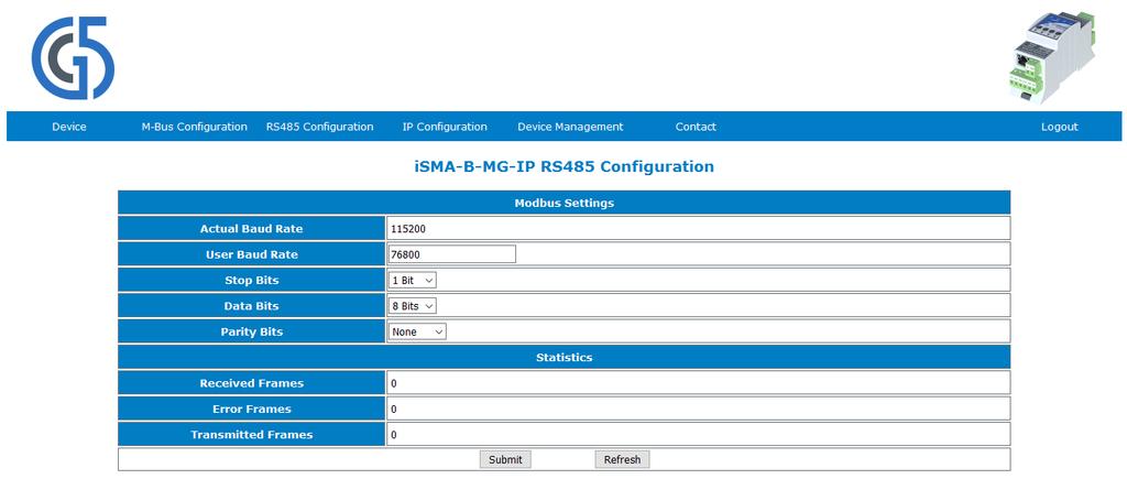 4.4 RS485 Configuration This page allows to enter configuration parameters and show information of controllers RS485 port.