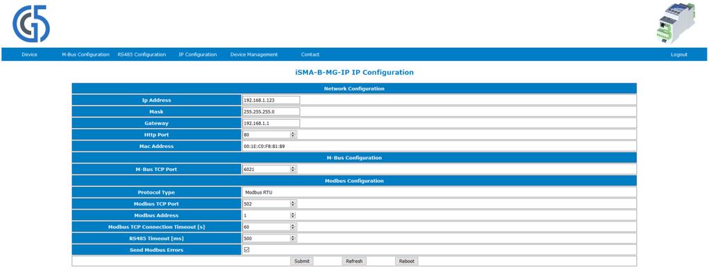 4.5 IP Configuration This page allows to change parameters of Ethernet port, Modbus TCP IP and M-Bus TCP IP.