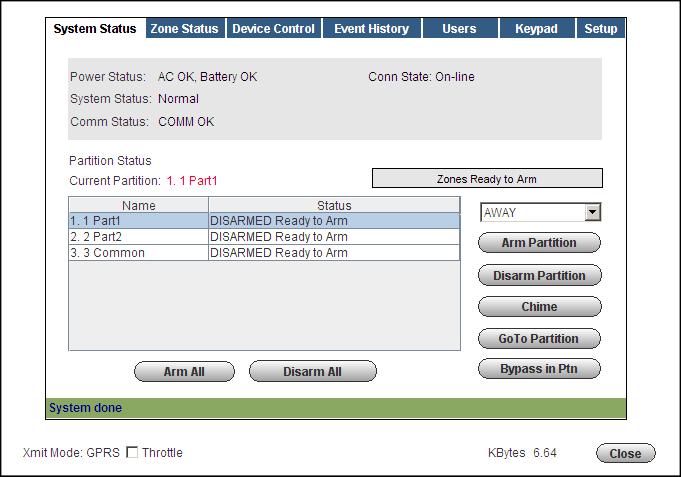 After access is granted, a tabbed screen appears allowing various categories of security system information to be viewed