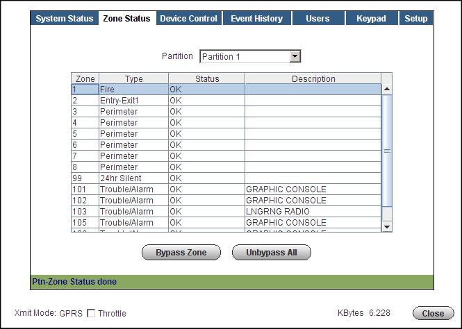 Zone Status The Zone Status tab provides a view of all the zones for the system, or a selected partition. Zones can be bypassed or made active again as desired.