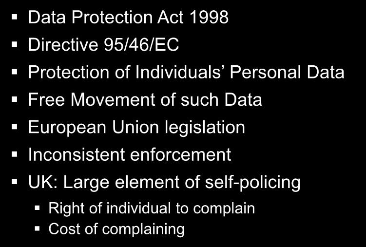 Existing legislation Data Protection Act 1998 Directive 95/46/EC Protection of Individuals Personal Data Free Movement of such Data