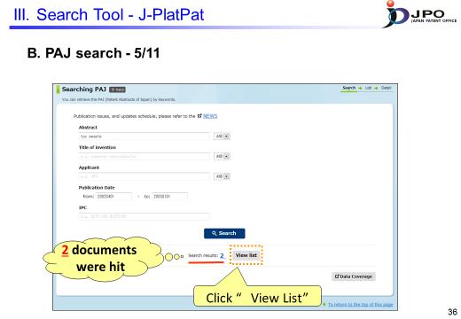 ---(Slide 36)--- Search results are displayed, showing that two documents