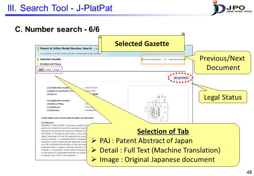 ---(Slide 48)--- Then you can access the selected document. There are three tabs to select the display format: PAJ, Detail and Image.
