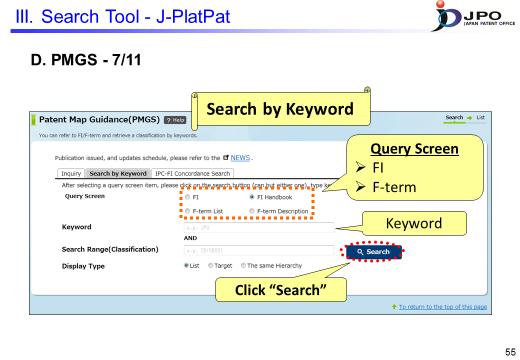 ---(Slide 55)--- Next, I will explain the search function called search by keyword, which allows you to obtain the FI and F-term information related to the search