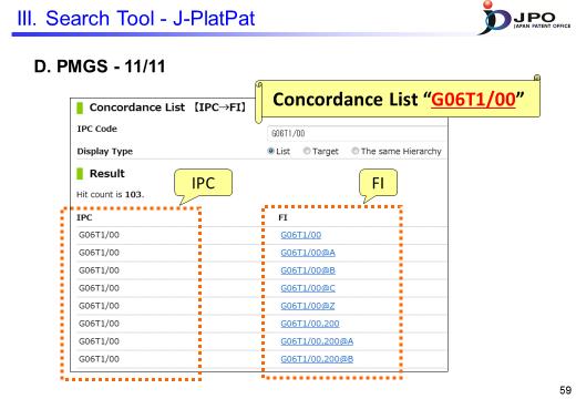 ---(Slide 59)--- For example, this is the screen you will see when you enter and search IPC G06T1/00.