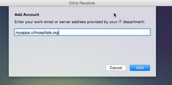 MacBook or Mac Desktop - Set Up Citrix Receiver to Open MyApps Environment Navigate to the Citrix Receiver icon and launch the application by double clicking. The Add Account prompt displays.