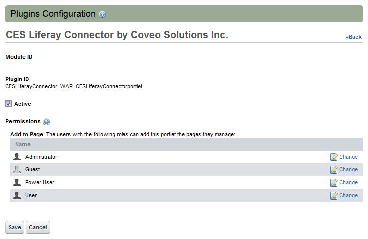 iv. In the Roles page, clear the Add to page check box, and then click Save. v. Navigate back to the Plugins Configuration page for the Coveo plugin, and then click Save. 5.