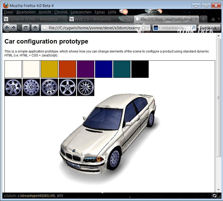 X3DOM Example 1: Interactive Car Configurator Interaction via standard Web technologies (e.g. JavaScript Events etc.) Using HTML + JavaScript, to change color and rims <img src="felge1_64.
