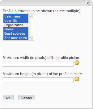 For this example, select all elements. The Maximum width and Maximum height fields allow you to limit the size of the users pictures on their business cards.