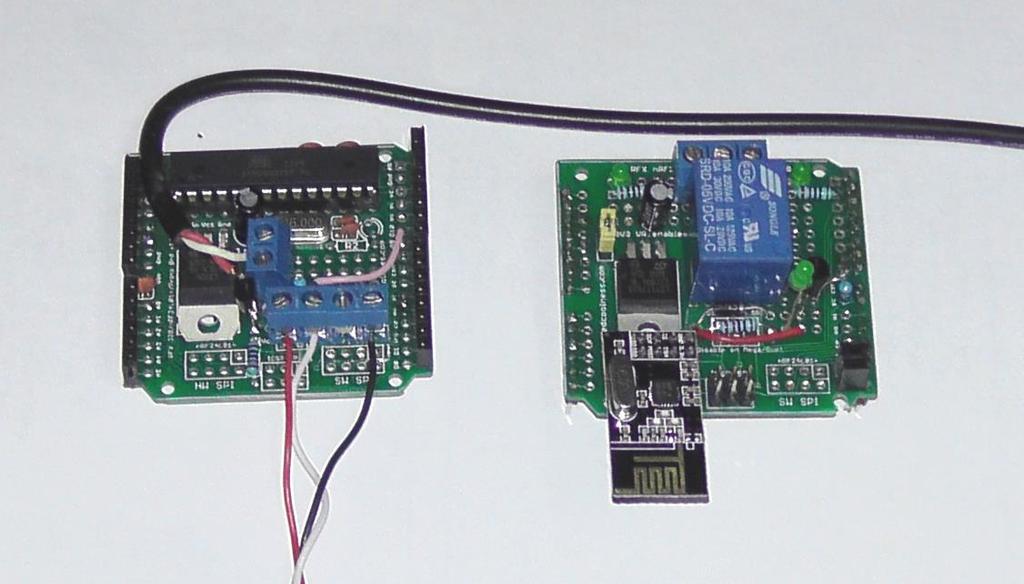 The dev board is shown with the shield detached below: The dev board is set up as a nrf24l01+ enabled controller for an air exchange fan that controls humidity in an under-house subspace.