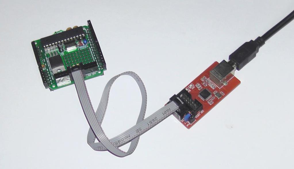 The photo below shows a ISP programmer (USBasp) connected to the dev board with the nrf24l01+ module removed.