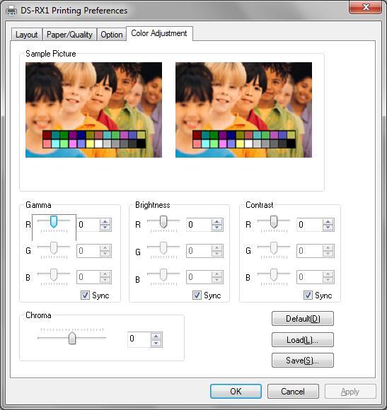 2.2.5 Color Adjustment If you check Handled by Driver in 2.2.4 Option, the respective color adjustment values in the Color Adjustment tab are reflected in the image. Fig 2.2.5 Color Adjustment tab Setting ranges in the Color Adjustment tab are as follows: Adjustment Item Adjustment Value Gamma -100(dark) ~ 100(light) (0 means no adjustment, Gamma 2.