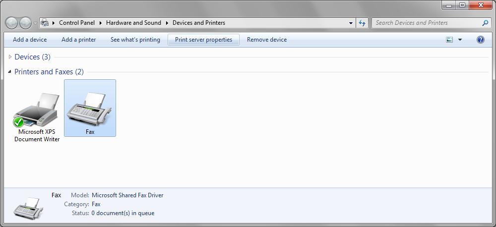 select another printer (for example: Fax), and click on Print server properties in