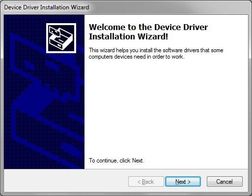 When the Welcome to the Device Driver Installation Wizard! window appears, click on Next>. Fig 1.