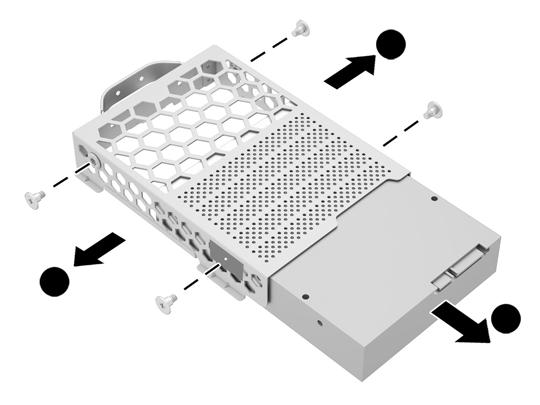 9. Slide the hard drive cage left, and then lift it out of the chassis (2). Figure 2-28 Removing the hard drive cage 10. Remove the four mounting screws (1) securing the 3.