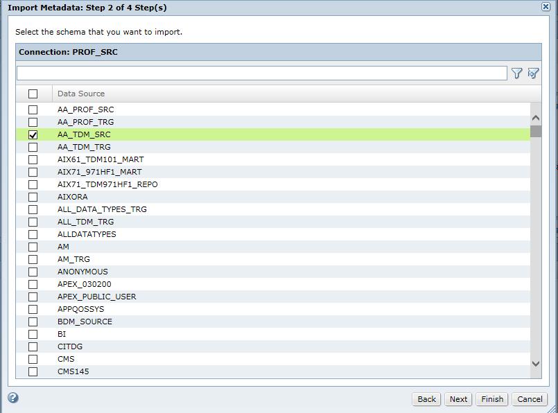 10. Select the schema that you want to import. You can filter schemas by schema name.