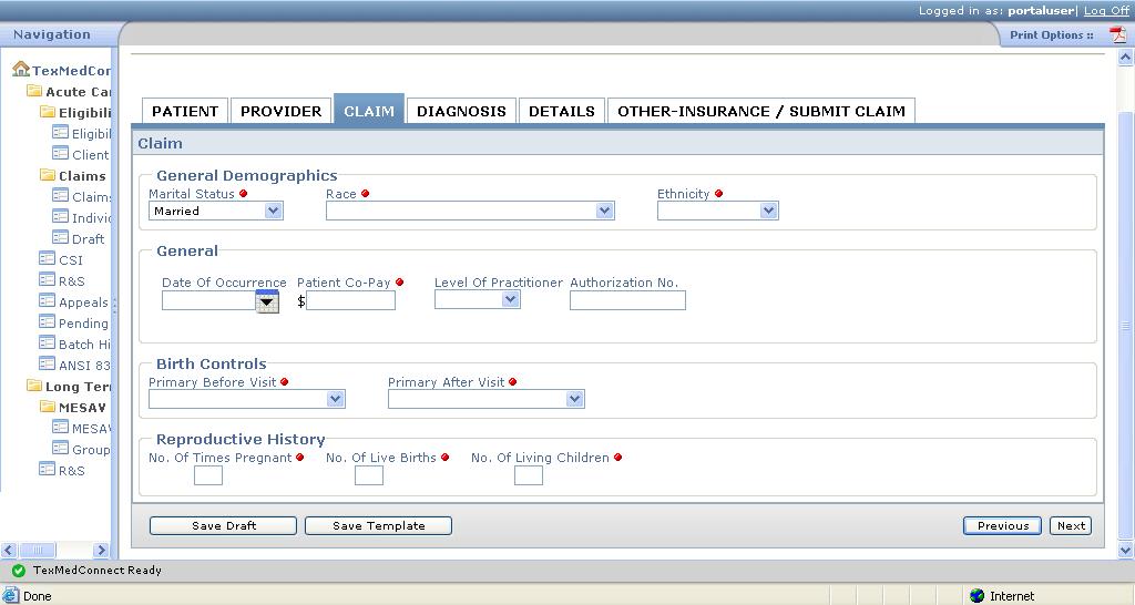 Claim Tab 5) Enter claim information into all required fields, which are indicated by a red dot. 6) Ensure the data entered meet field edit requirements: Alphanumeric Authorization No.