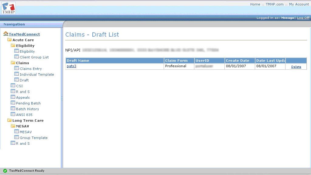 A screen appears with a list of the NPIs to which you have access.