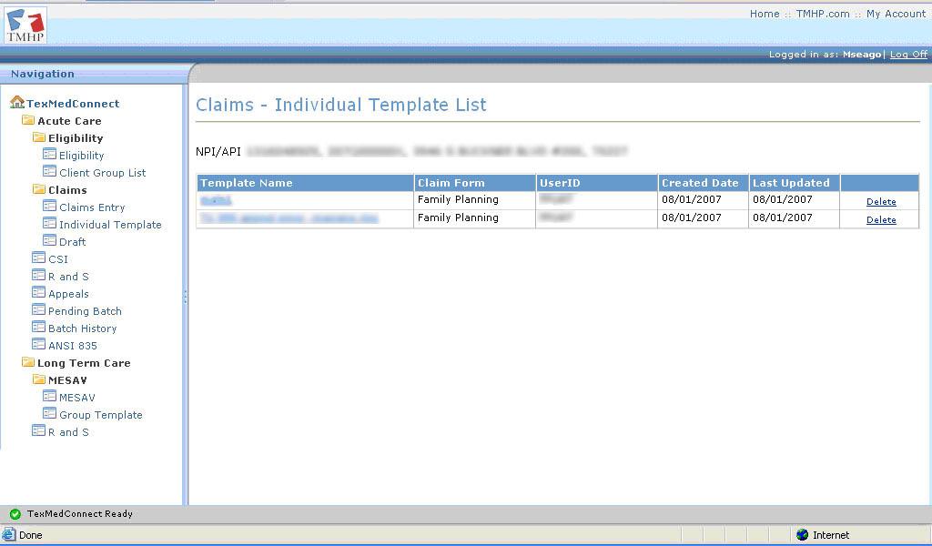 4) Click on a column to sort the list by the data in that column. 5) Click on a claim to view the details of the claim. 6.3.2 Saving As a Template You can save an individual claim as a template.