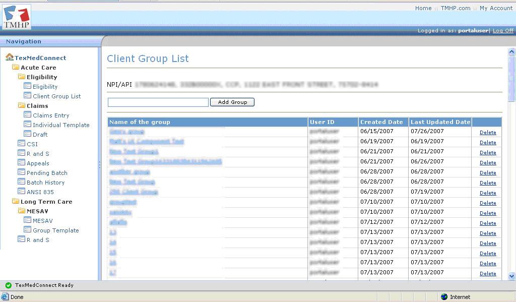 The Client Group List appears.